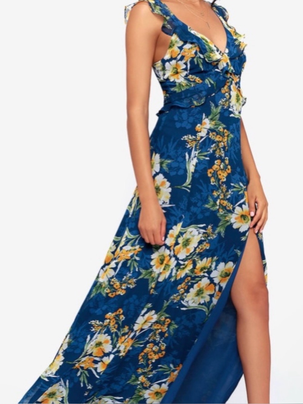 Blue/yellow Floral Ruffle V-Neck Maxi Dress with Slit